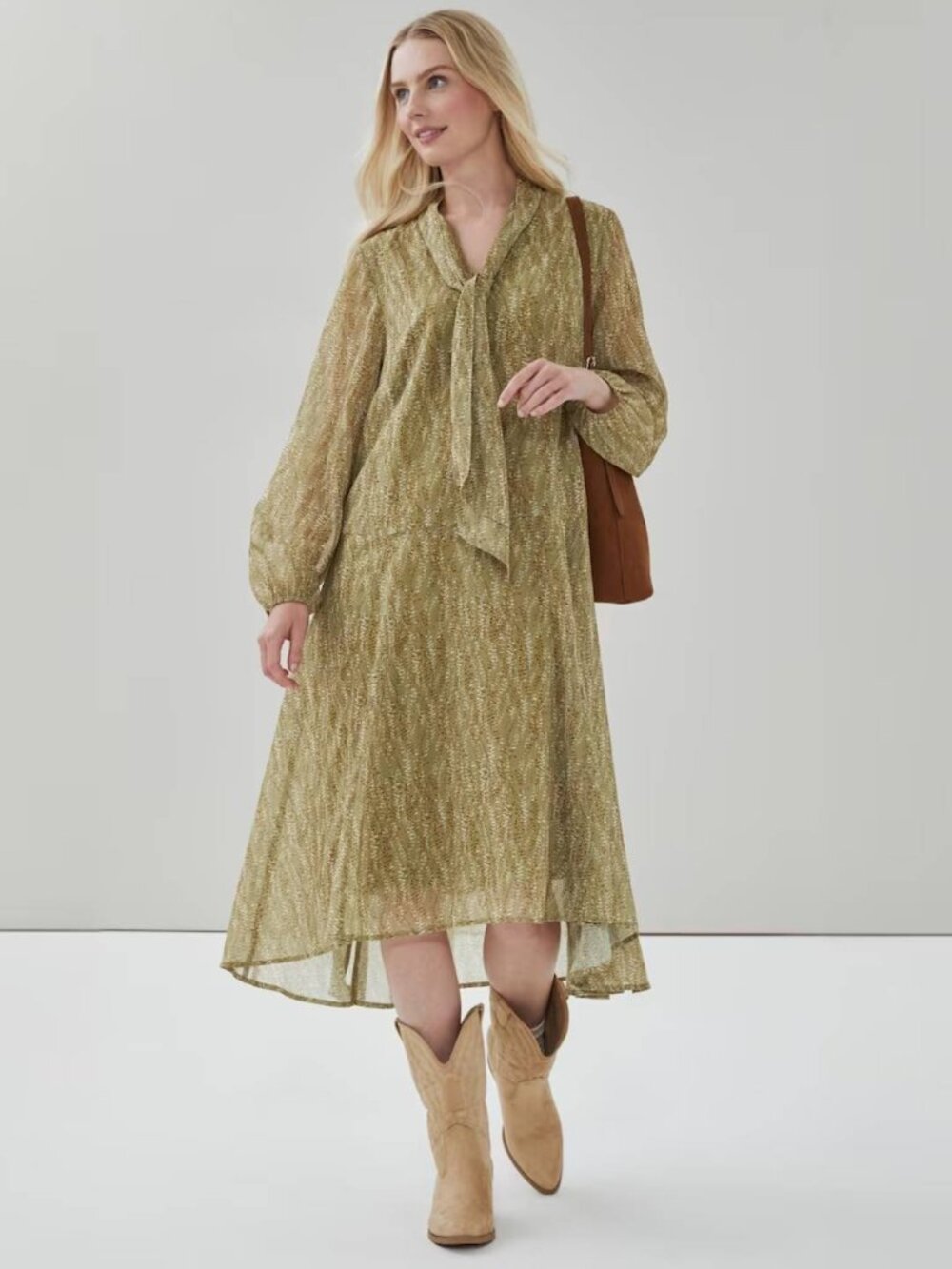 Joe Fresh Patterned Flowy Chiffon Maxi Long Sleeves Dress Necktie in Olive Green